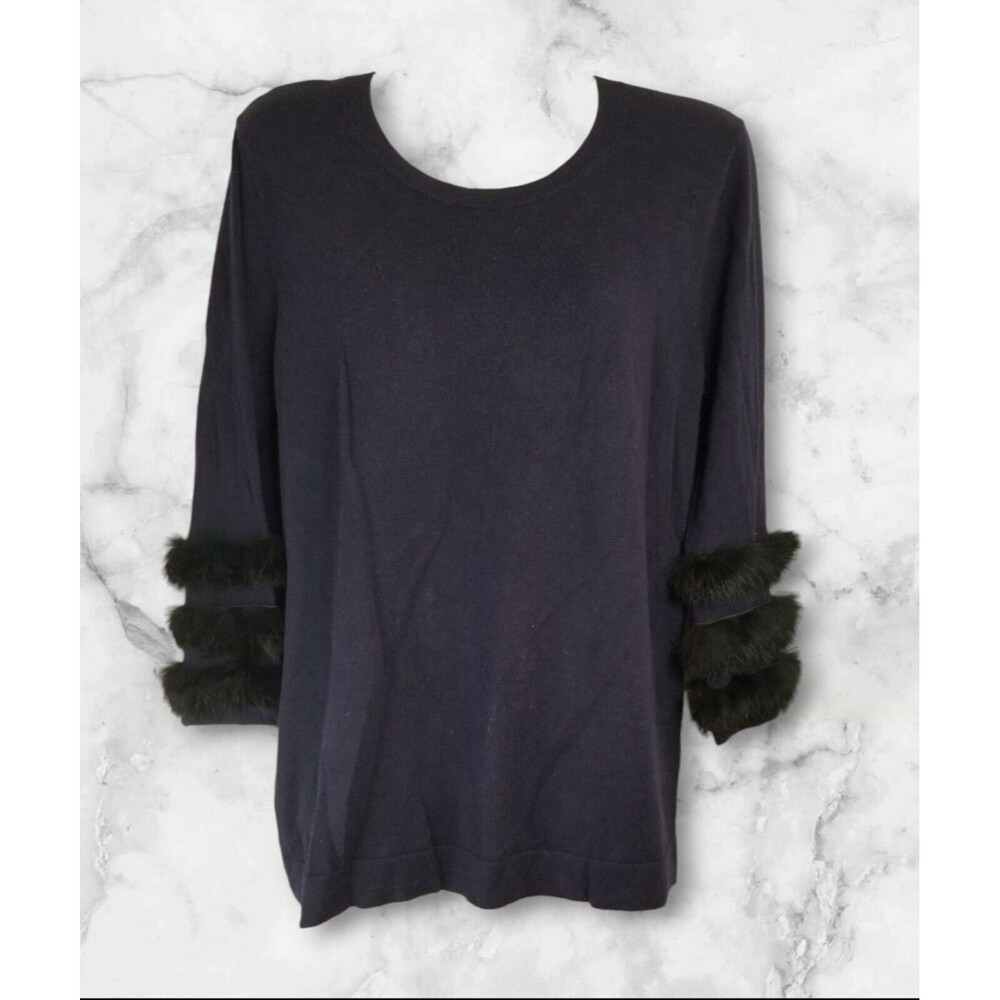 August Silk Women's Sweater Navy Blue Faux Fur Sleeve Trim Size Medium